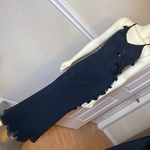 Long Black Sheer Slip Dress with Sequenced and Embroidered Flowers